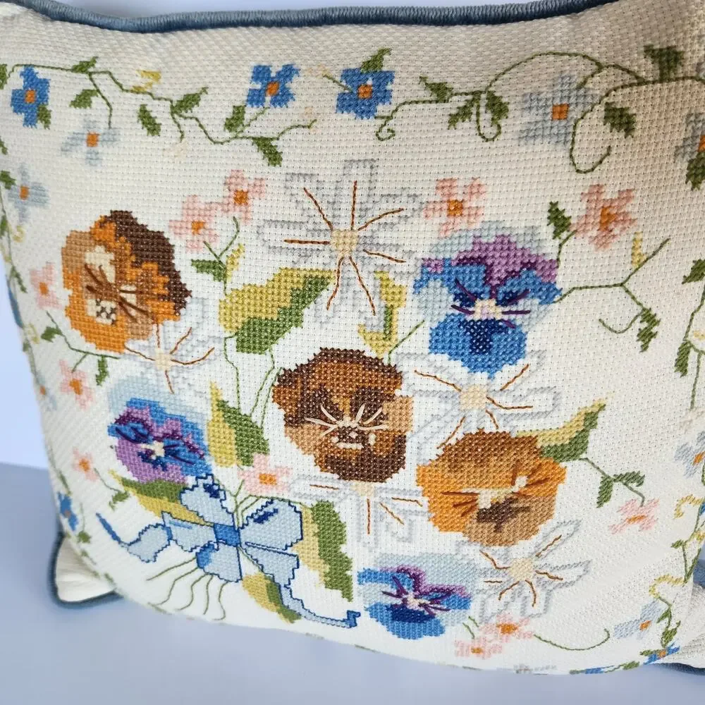 Vintage Hand Embroidered Needlepoint Granny Cottagecore Floral Throw Pillow